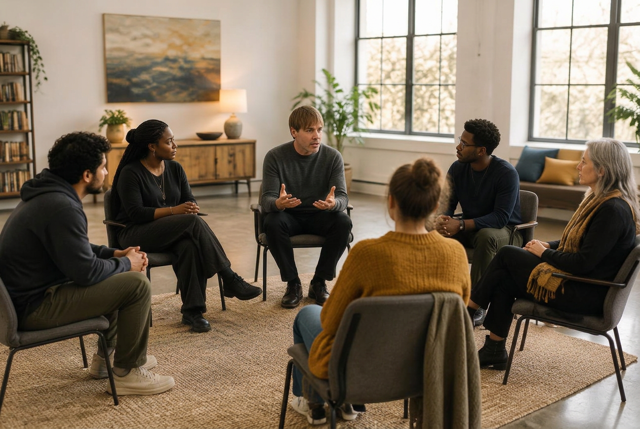 A community support circle sharing an honest conversation