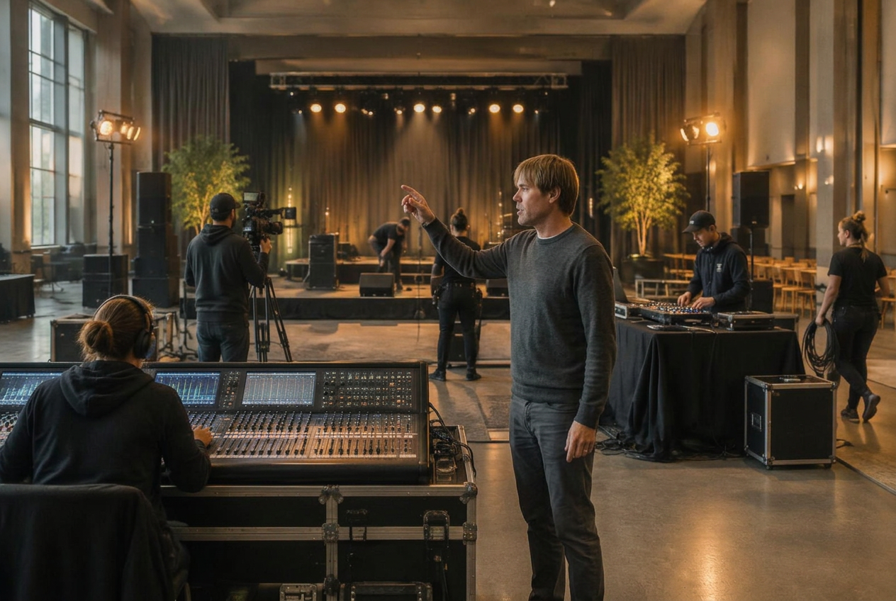 A production crew preparing sound and lighting for a community event