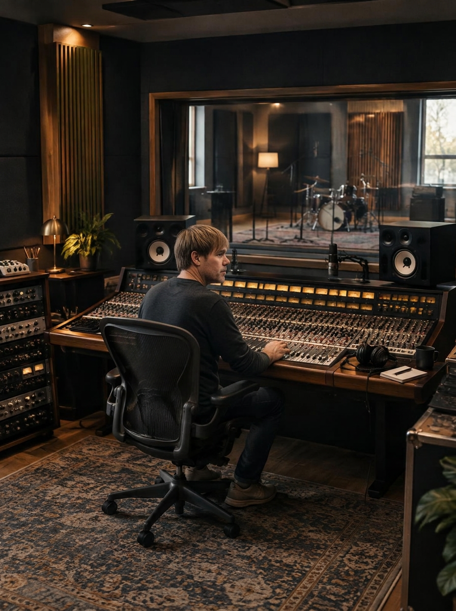 A producer working at a recording studio mixing console